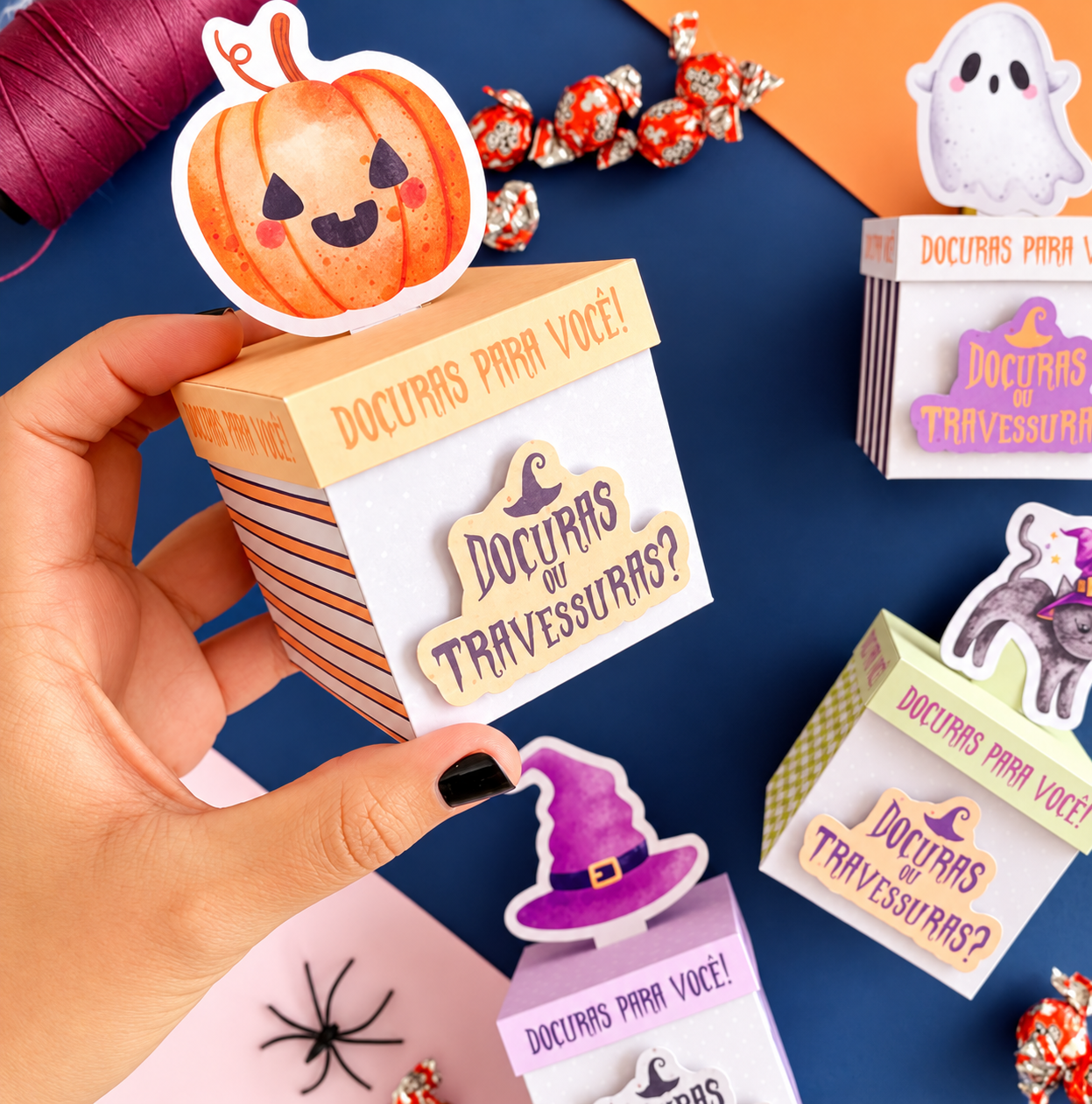 Caixinhas de Halloween em artesanato colorido, com tampa de abóbora e a frase Doçuras ou Travessuras