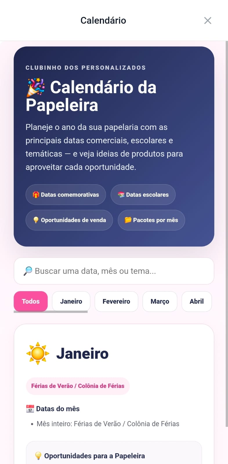 Tela do Clubinho dos Personalizados mostrando a biblioteca Calendário da Papeleira, com datas comemorativas, datas escolares e pacotes por mês