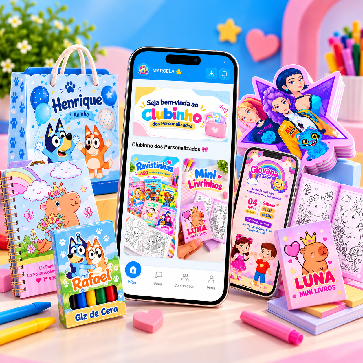 Materiais personalizados do Clubinho dos Personalizados: revistinhas, mini livrinhos, cadernos, caixas e convite digital, com o aplicativo em destaque