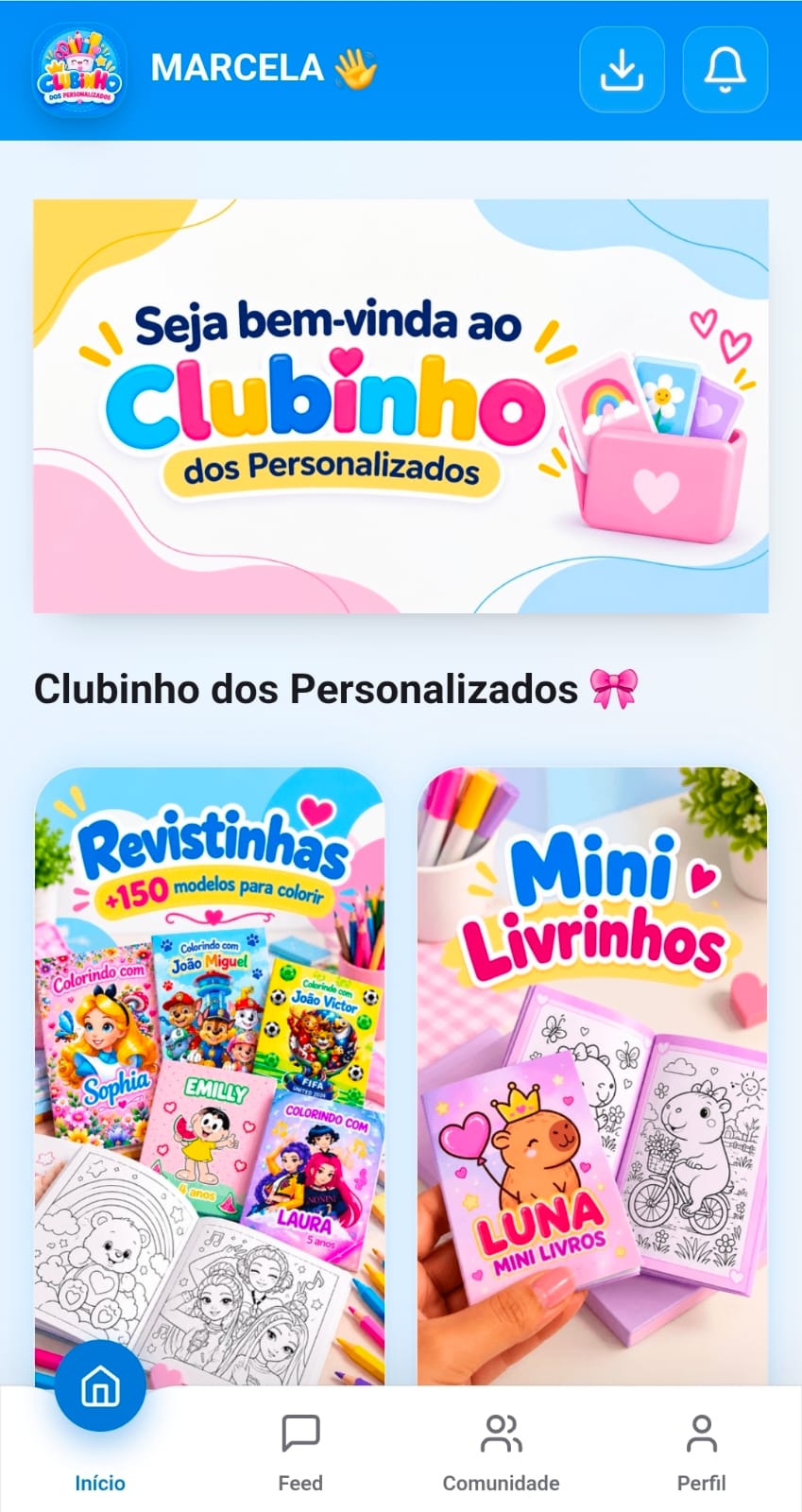 Tela inicial real do Clubinho com as categorias de arquivos organizadas no aplicativo